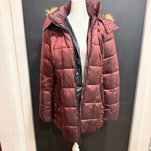 Marc New York Burgundy Puffer Jacket with Faux Fur Trim